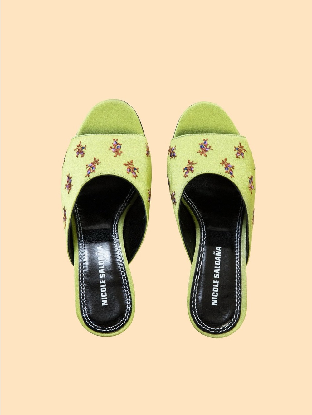 Nicole Saldana Green Embroidered Open-Toe Mules